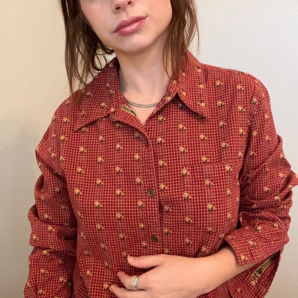 Vintage Krazy Kat Red Fall Floral Embroidered Button-Down Top, M